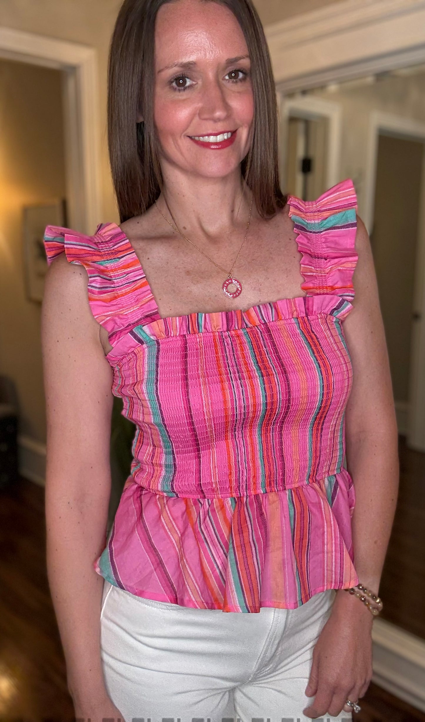 FATE STRIPED COTTON SMOCKED BODICE TOP 5.20