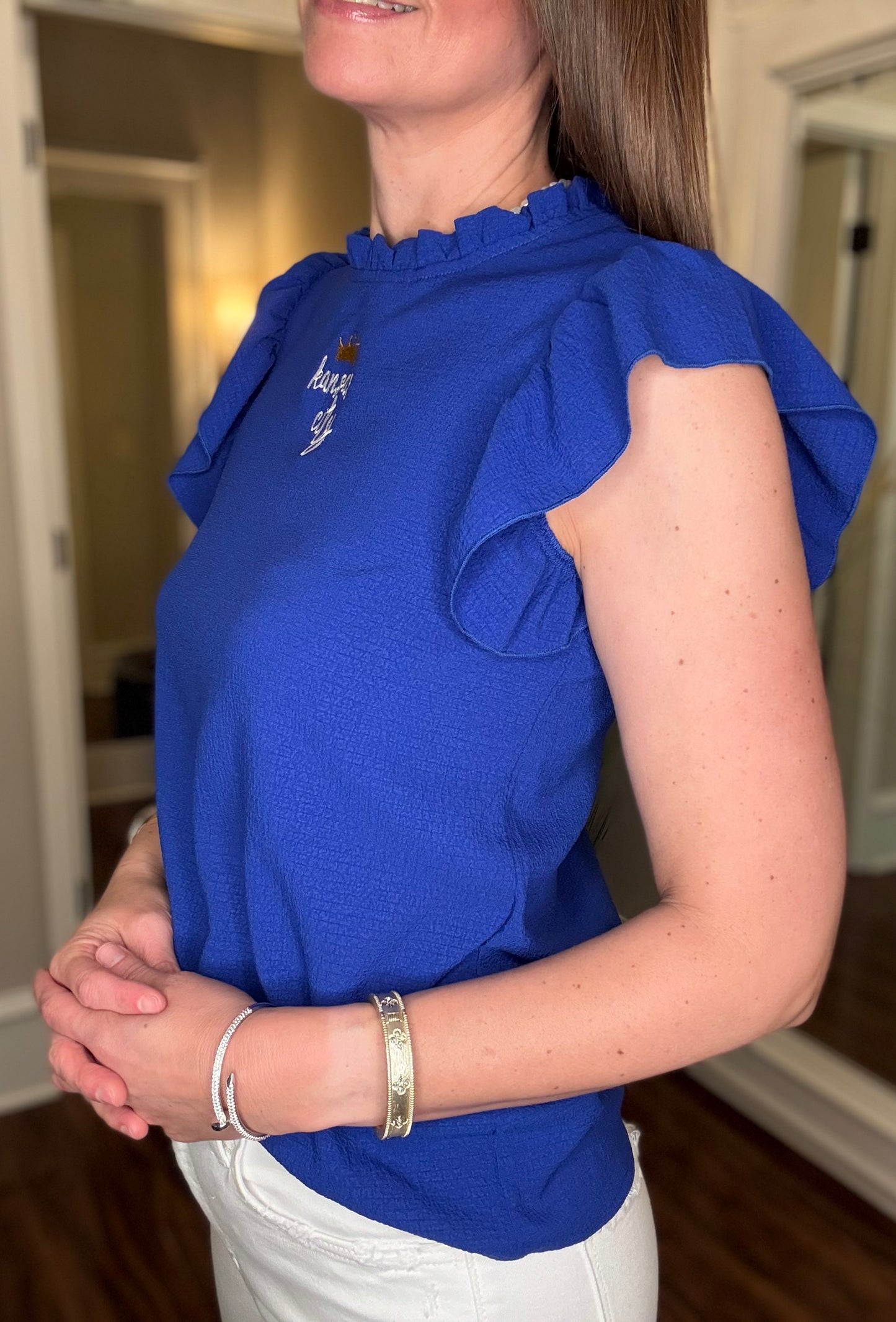 KC ROYAL BLUE MOCK NECK RUFFLE BLOUSE 4.25