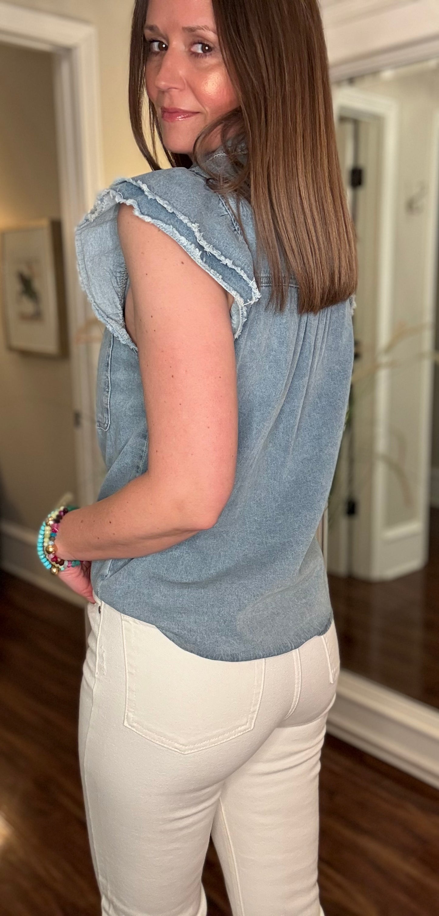 FASHION WORKS FRAYED SLEEVE DENIM TOP 4.1