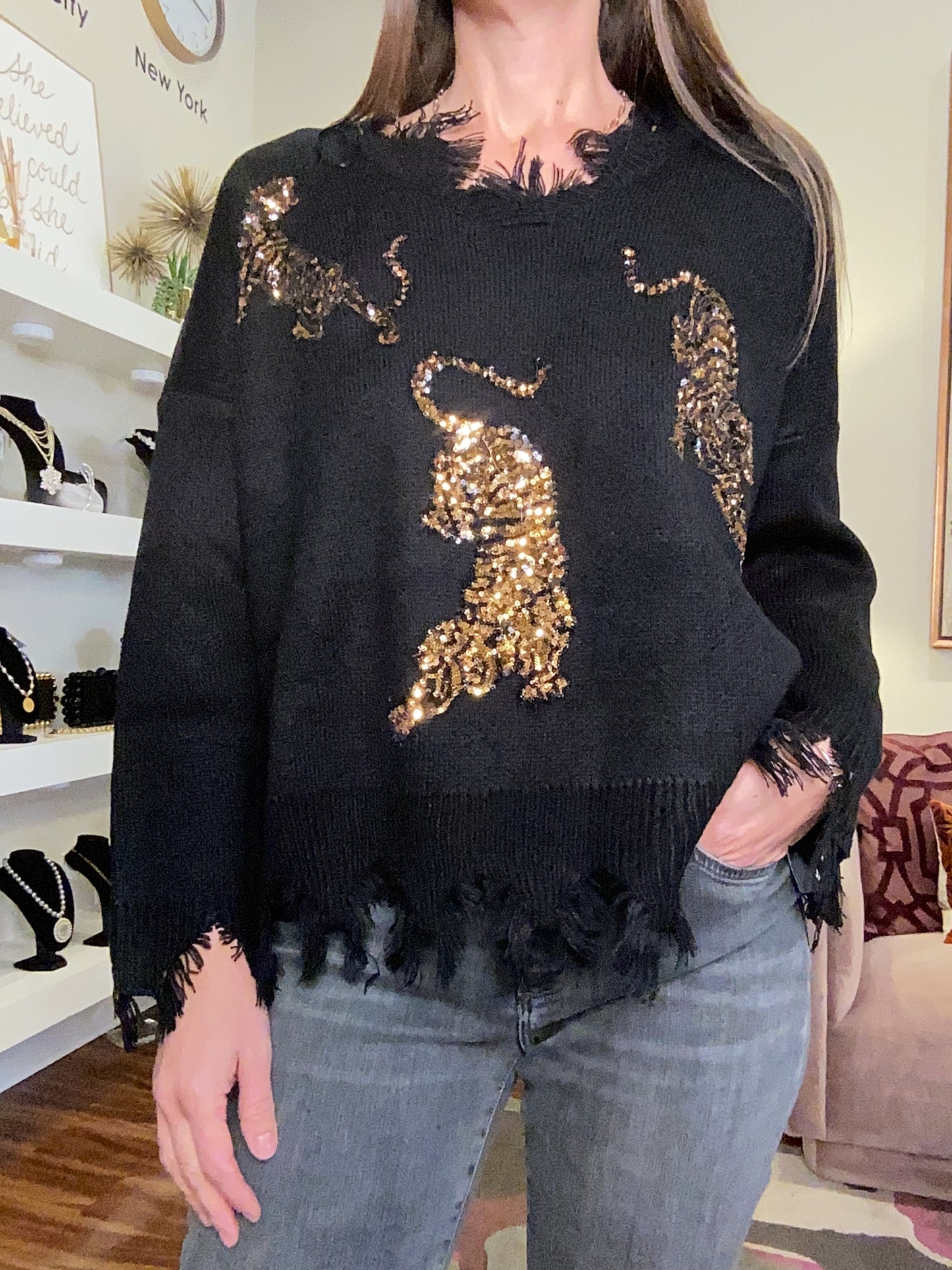 BLACK SEQUIN TIGER SWEATER