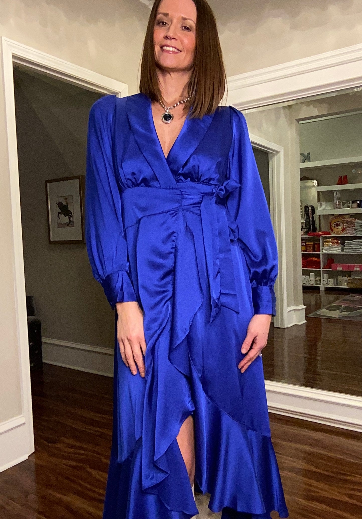 SHAWL COLLAR SATIN WRAP DRESS