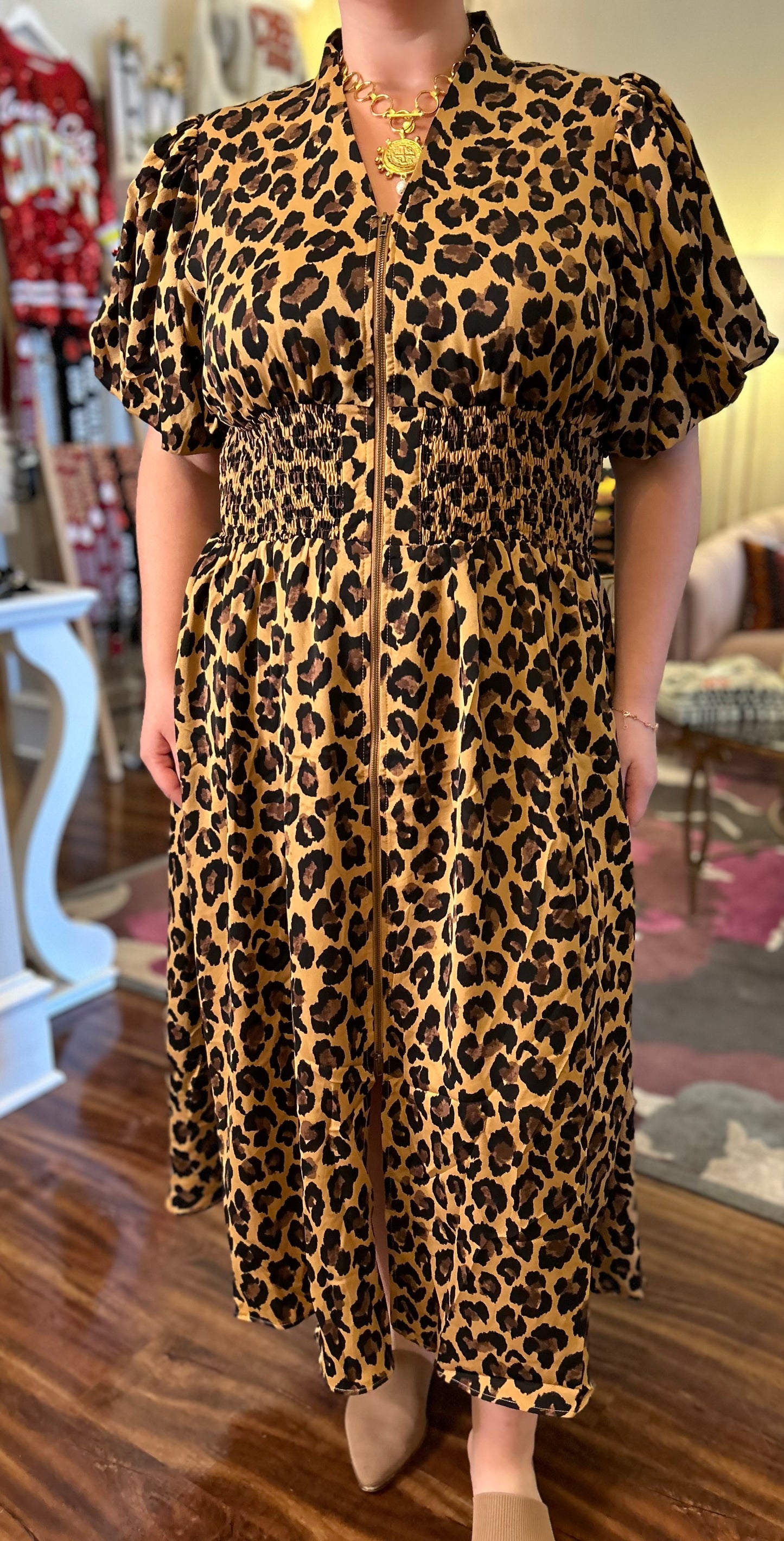 ENTRO LEOPARD CINCHED WAIST DRESS 10.15