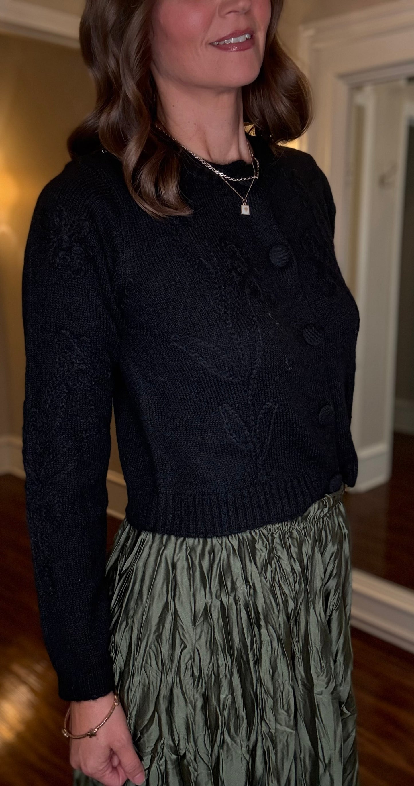 BLACK CARDIGAN WITH FLORAL STITCHING 9.10