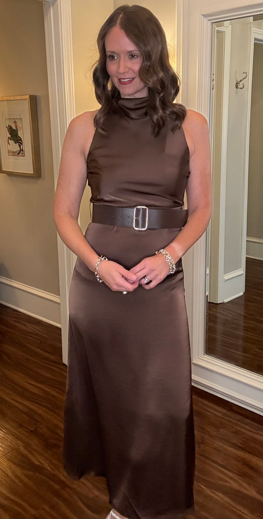 BROWN BELTED SLEEVELESS DRESS 10.21