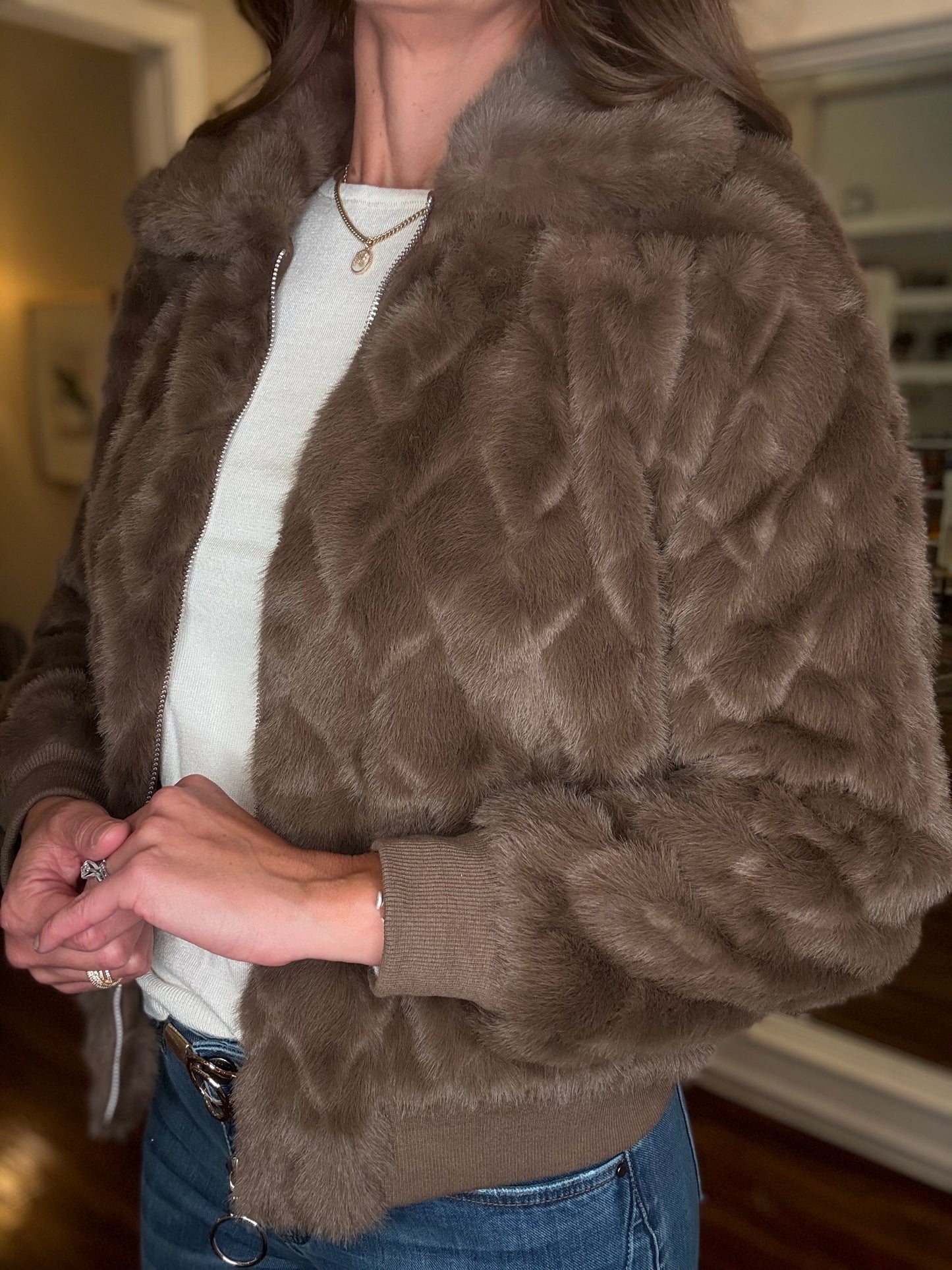 MOLLY BRACKEN BROWN FAUX FUR JACKET 8.15