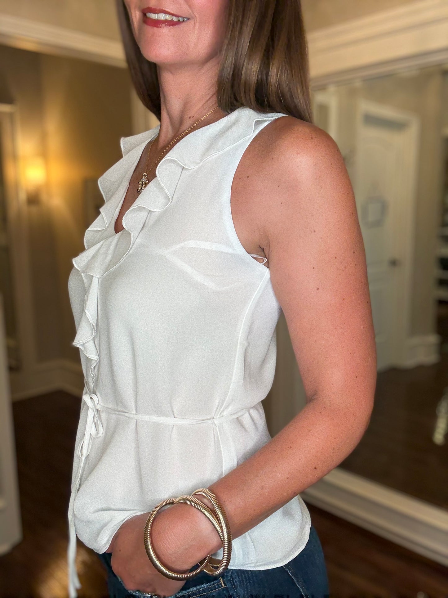 NAKED ZEBRA RUFFLE V-NECK WITH TIE (multiple colors) 7.8