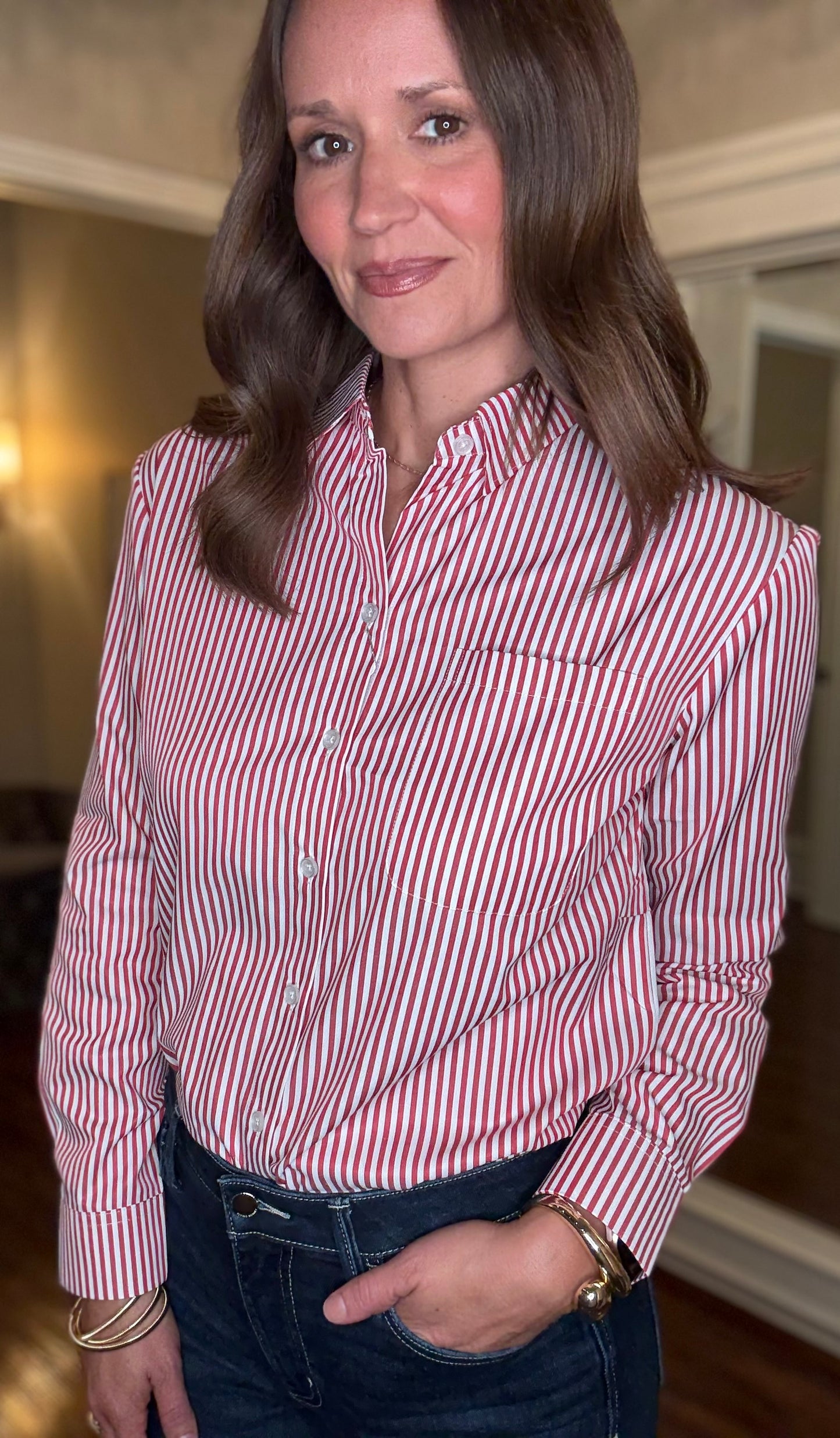 WRINKLE RESISTANT RED AND WHITE STRIPED BUTTON UP 10.14