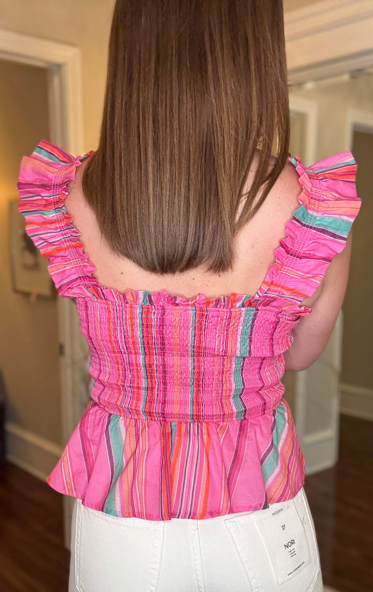 FATE STRIPED COTTON SMOCKED BODICE TOP 5.20