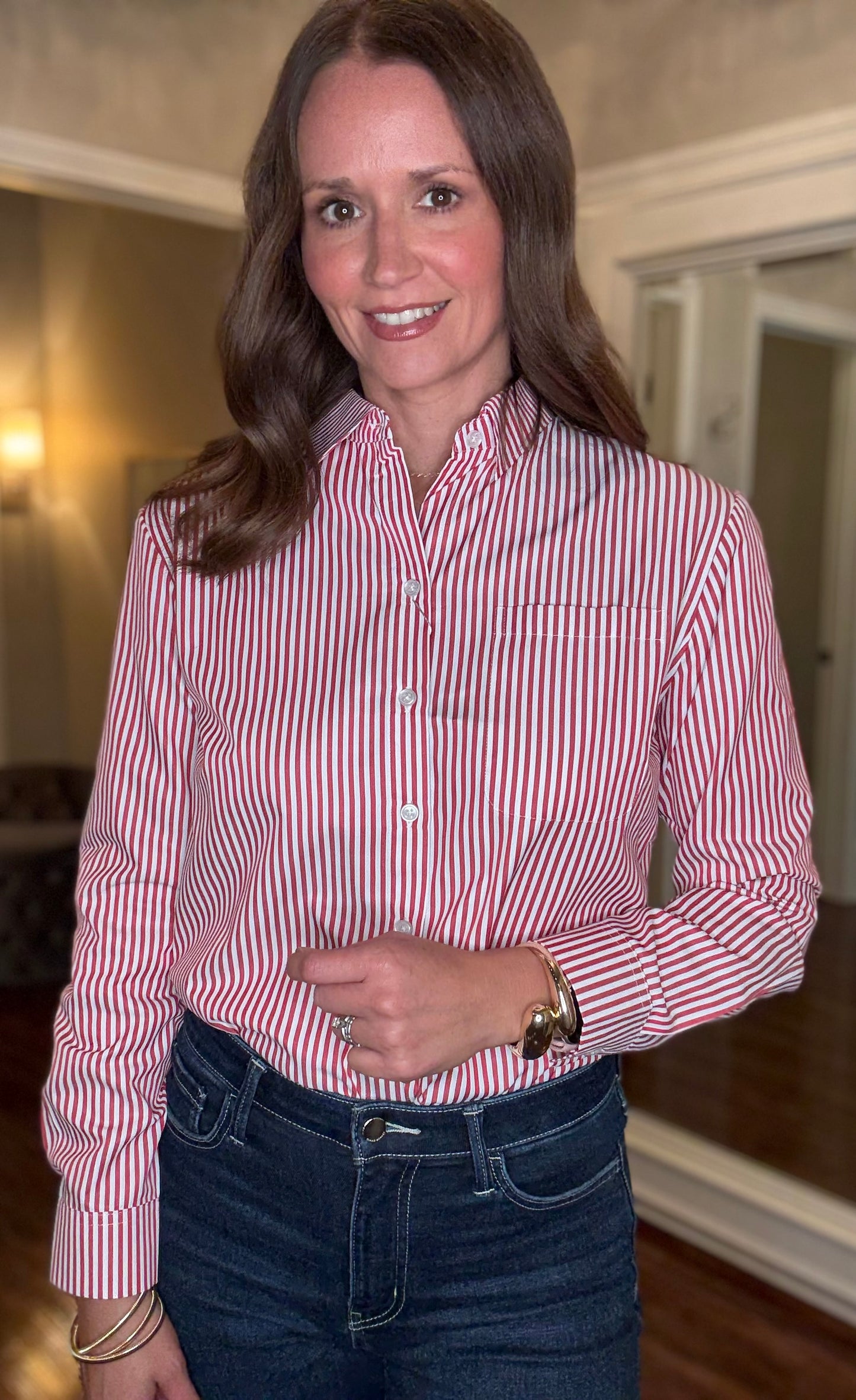 WRINKLE RESISTANT RED AND WHITE STRIPED BUTTON UP 10.14