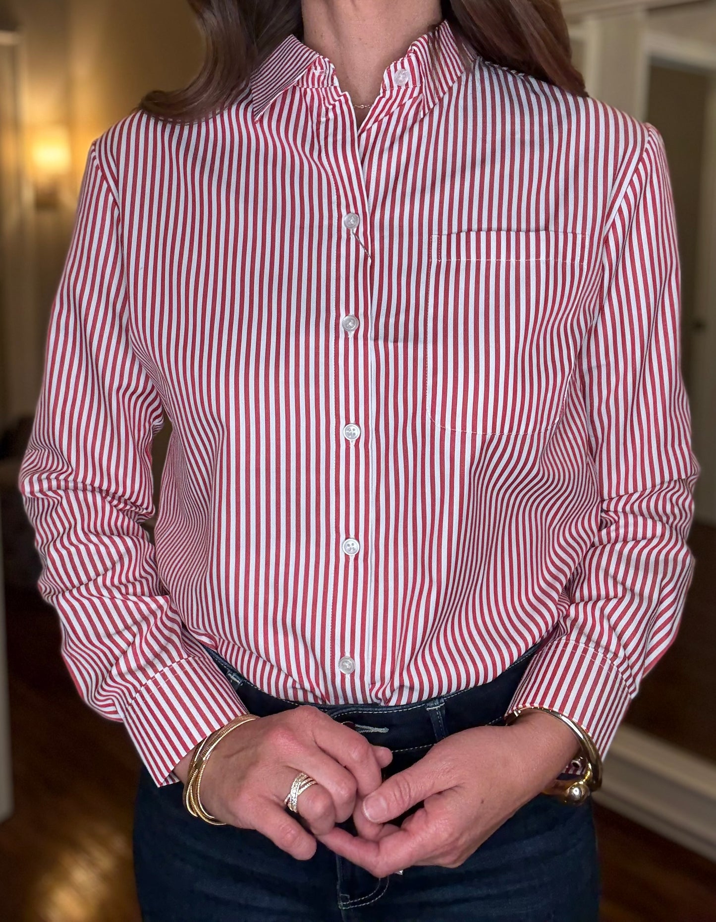 WRINKLE RESISTANT RED AND WHITE STRIPED BUTTON UP 10.14