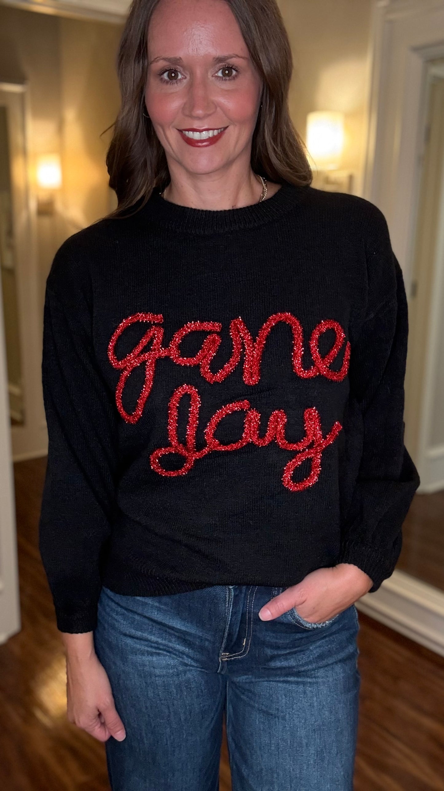 GAME DAY METALLIC LETTER SWEATER 7.24
