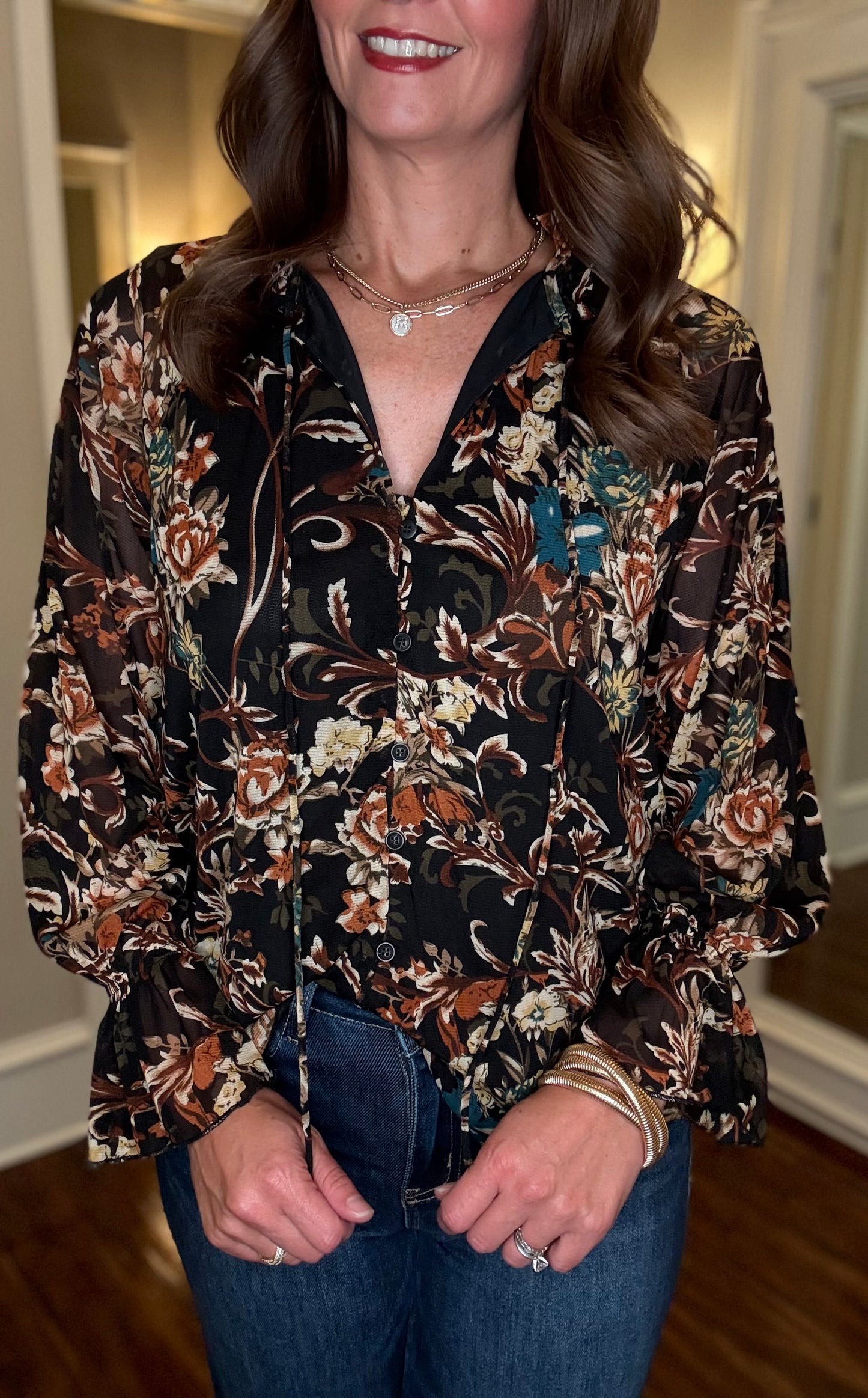 SHEER SLEEVE FLORAL BLOUSE 7.23