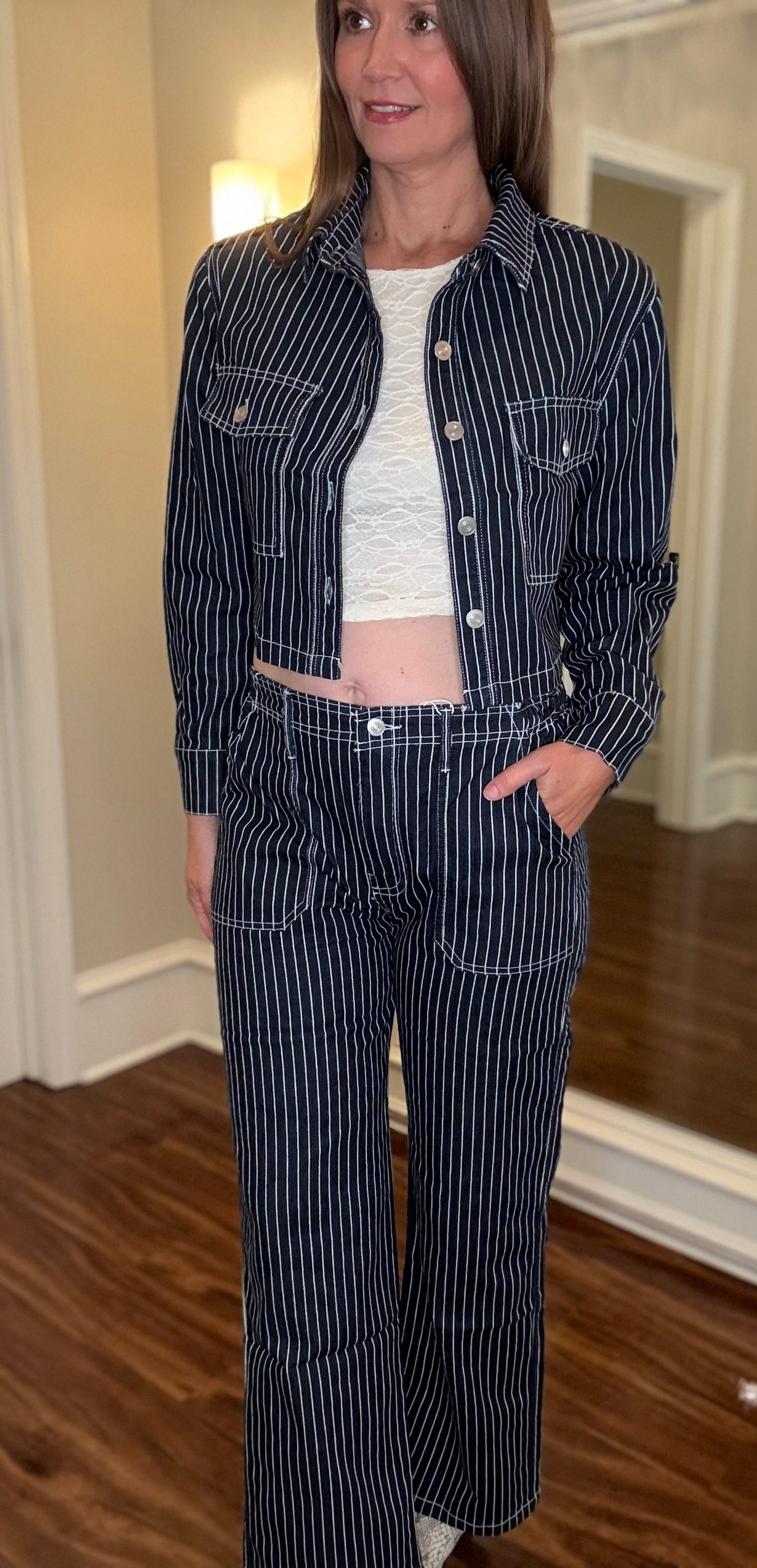 STRIPED DENIM STRAIGHT LEG JEANS 8.5
