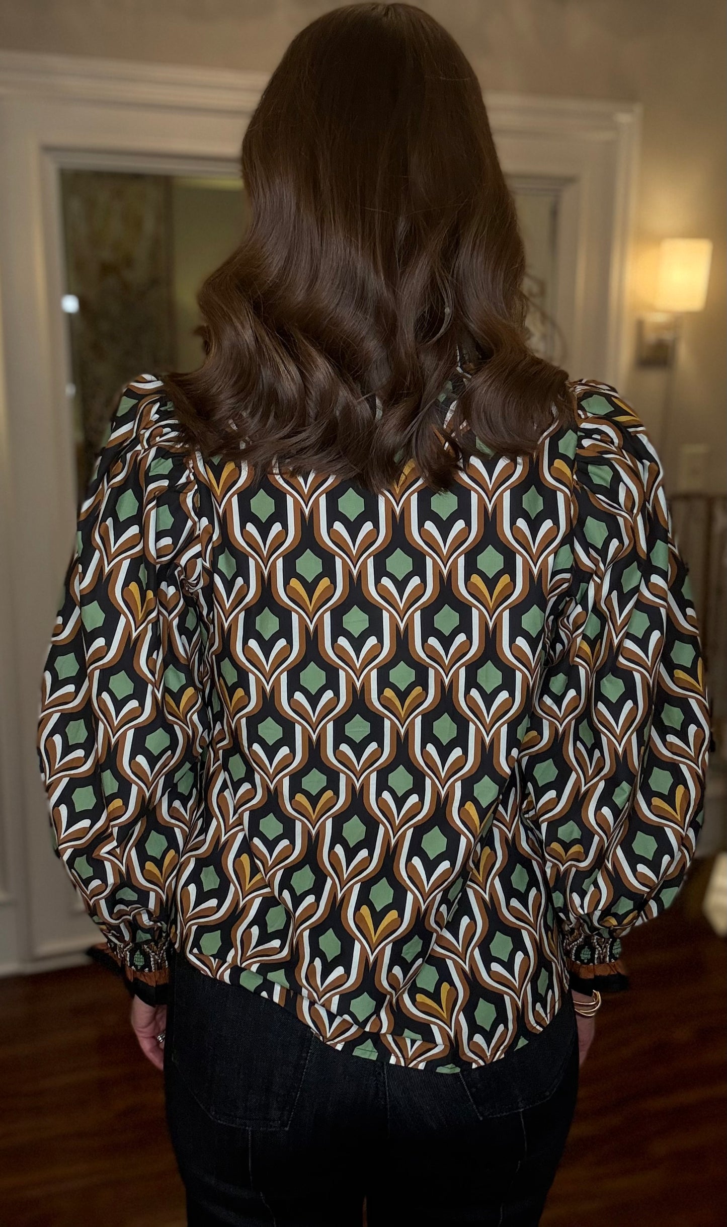 ENTRO GREEN PRINTED STAND COLLAR BLOUSE 10.16