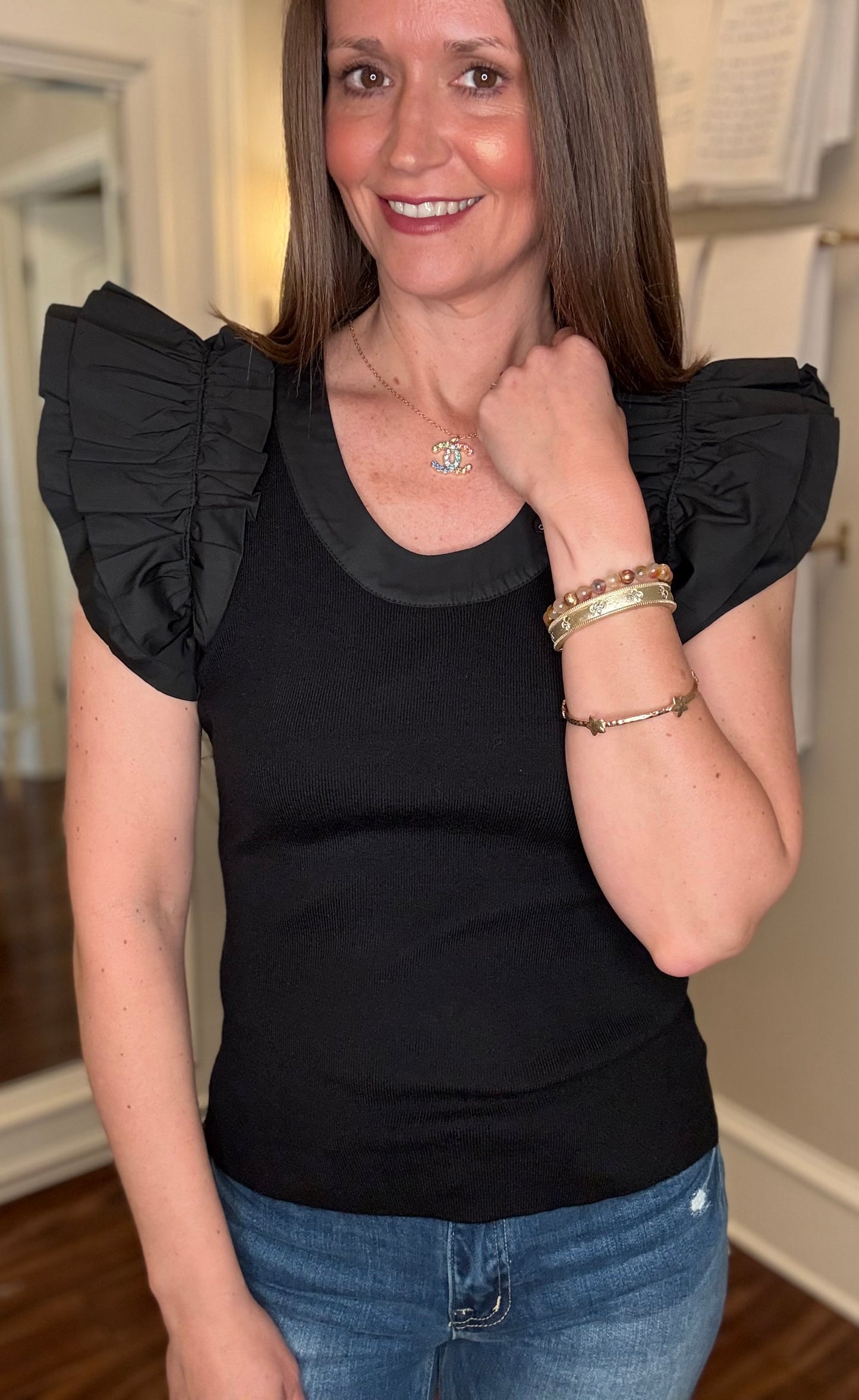 FATE RUFFLE SLEEVE FITTED SWEATER TOP 4.8