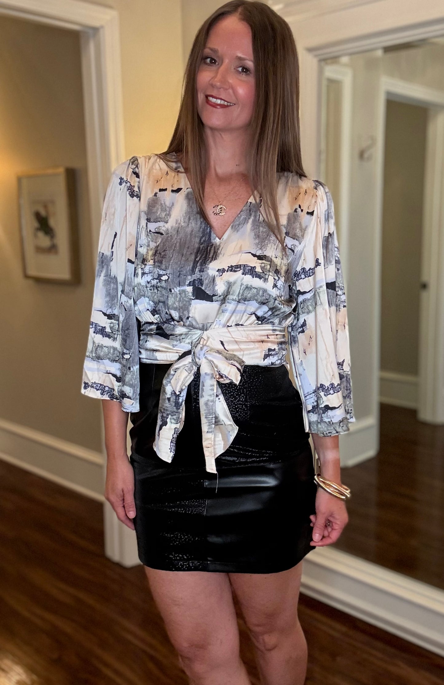 ENTRO LONG SLEEVE TIE WAIST SATIN TOP 7.11