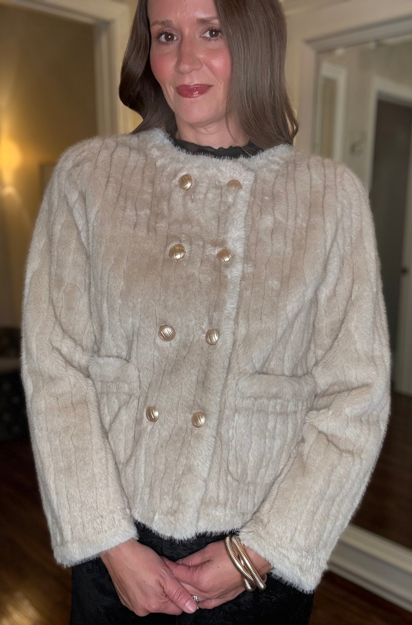 MOLLY BRACKEN BEIGE FAUX FUR JACKET WITH GOLD BUTTONS 8.15