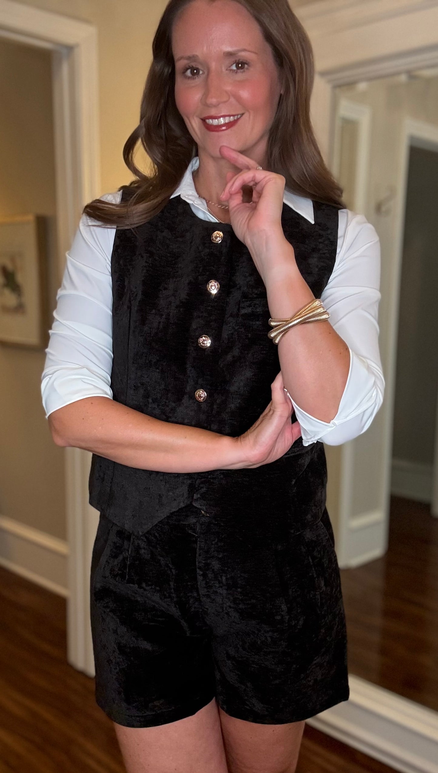 MOLLY BRACKEN CRUSHED VELVET VEST WITH GOLD BUTTONS 8.15