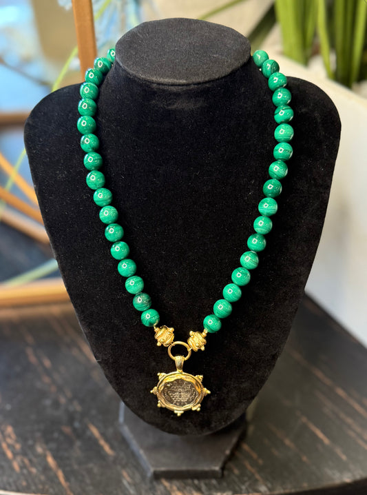 SUSAN SHAW-MALTA COIN CHARM WITH JADE NECKLACE