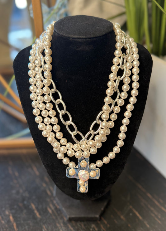 SUSAN SHAW CROSS MULTI-STRAND PEARL NECKLACE