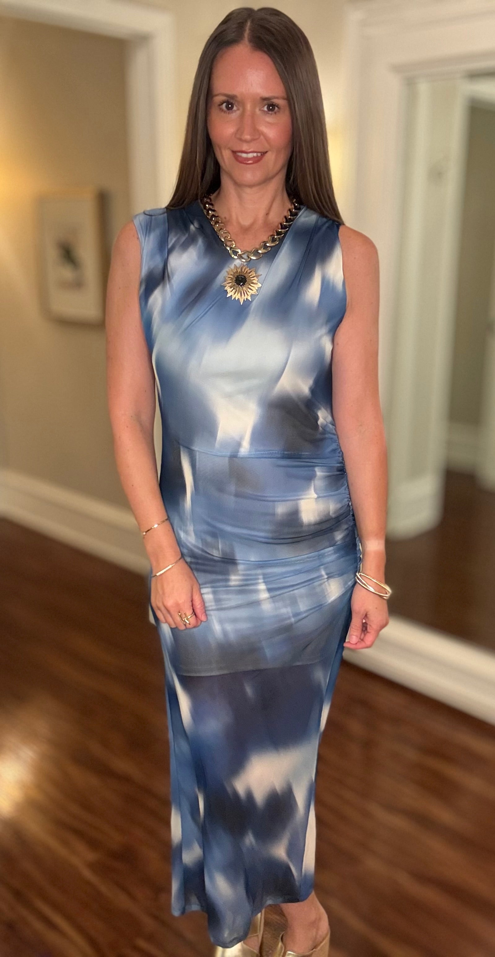 ARIELLA BLUE TIE DYE MESH MAXI DRESS 6.18 XSMALL
