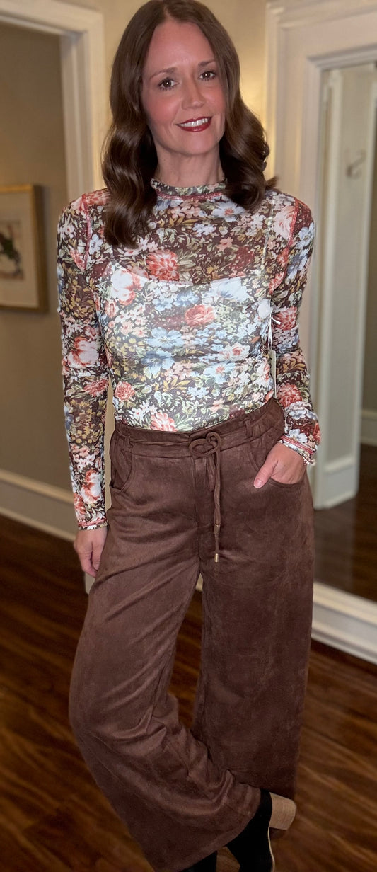 ENTRO BROWN WIDE LEG FAUX SUEDE PANTS 9.11