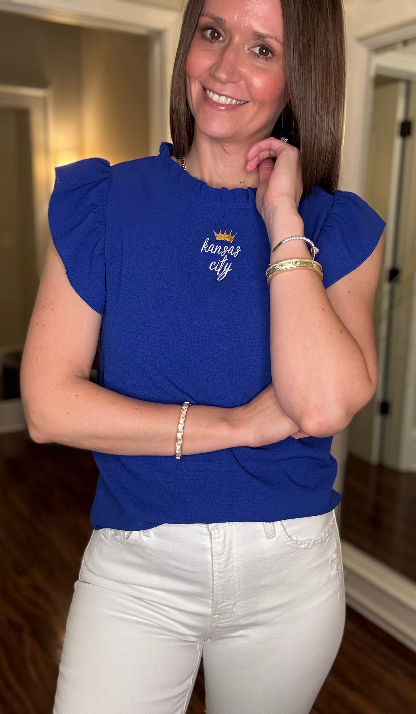 KC ROYAL BLUE MOCK NECK RUFFLE BLOUSE 4.25