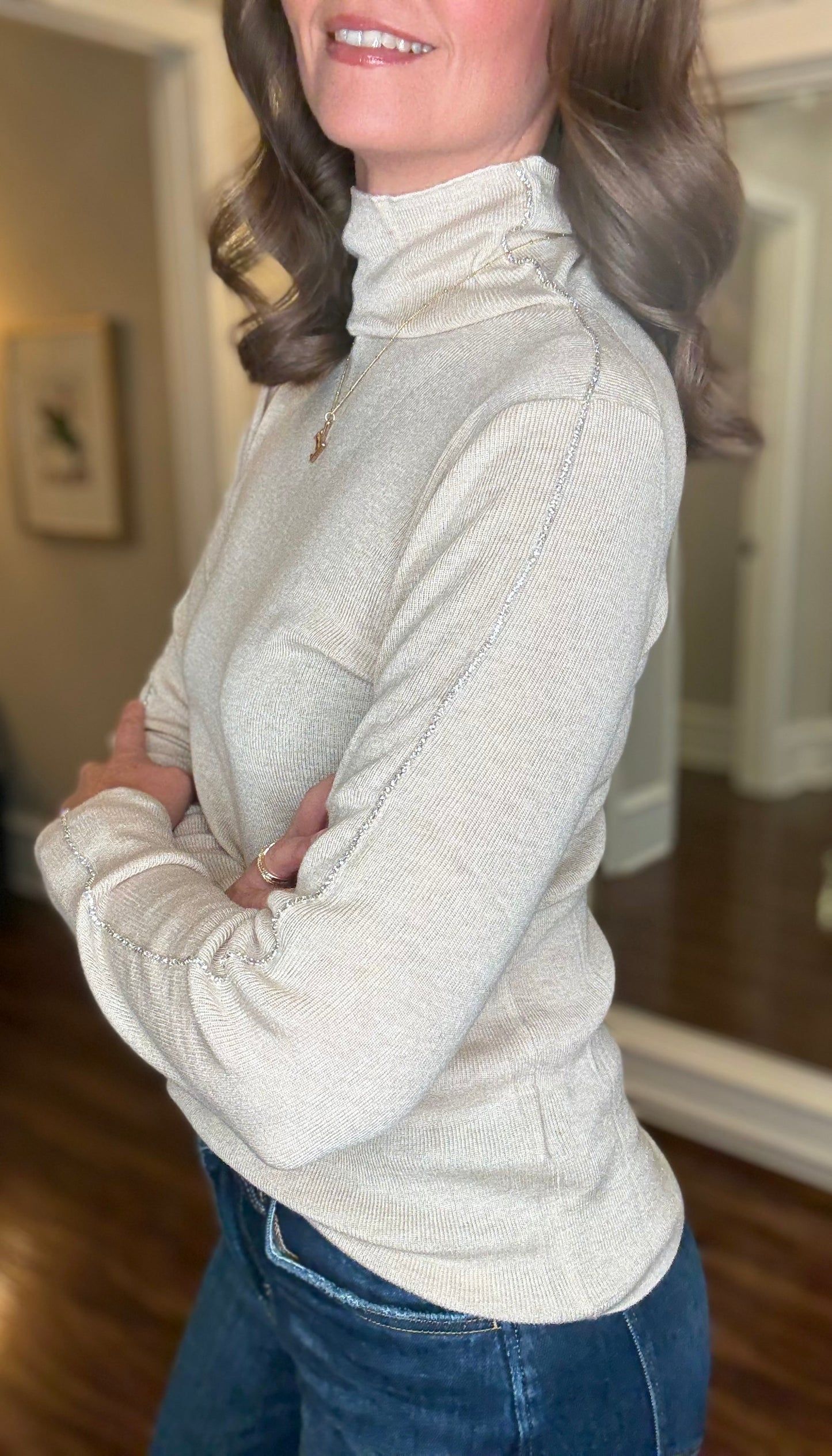 MOLLY BRACKEN L/SLV BLING TRIM T-NECK 9.2