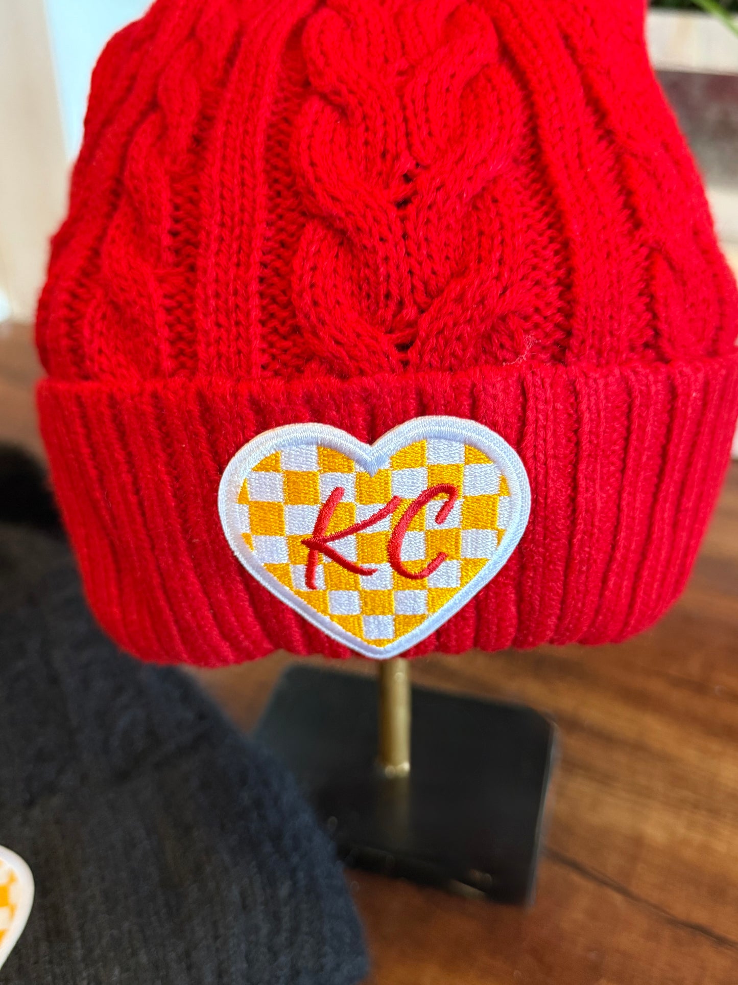 KC FUR POM BEANIE WITH CHECKERED PATCH (multiple colors) 10.28