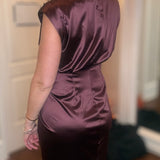 MABLE WINE SATIN TWIST DRAPE MIDI DRESS 9.22