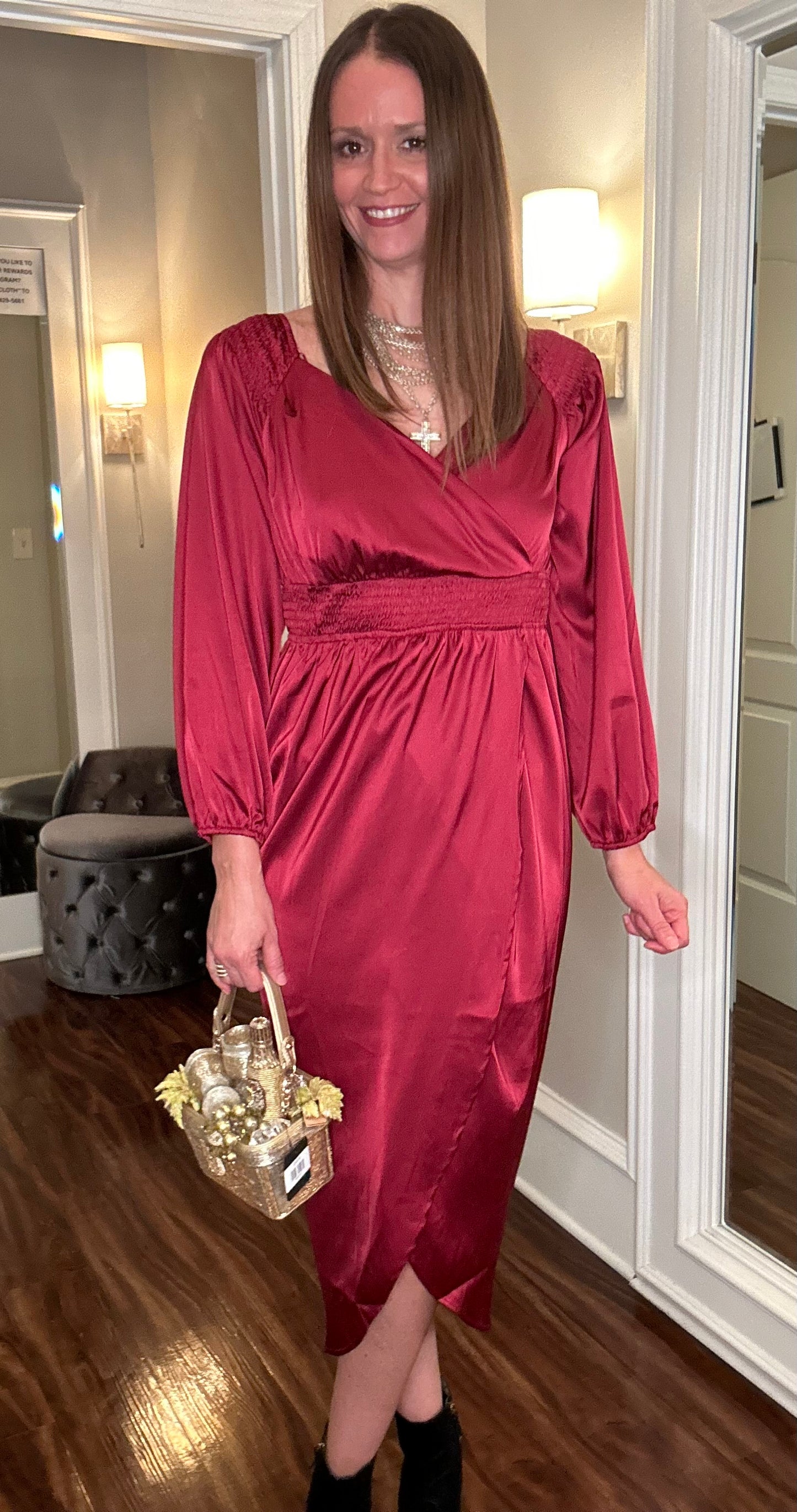 DRESS DAY RUCHED SATIN DRESS BURGUNDY  10.4