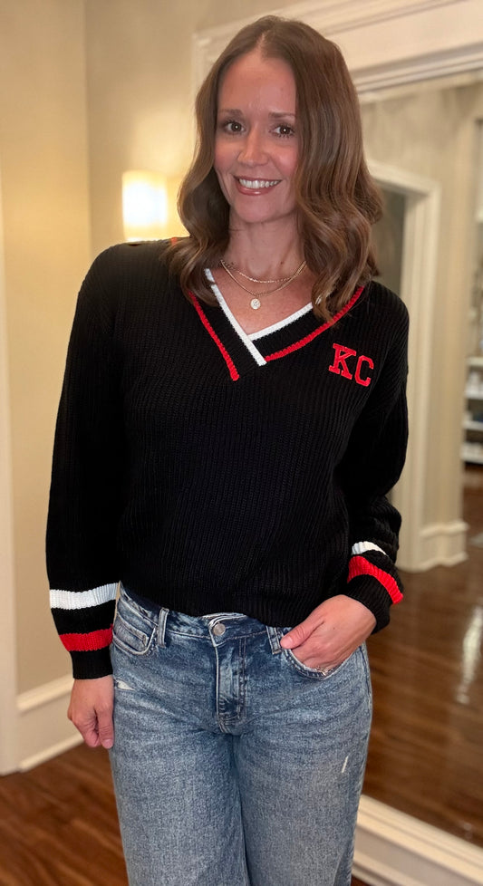 KC BLACK AND RED V-NECK SWEATER 8.29