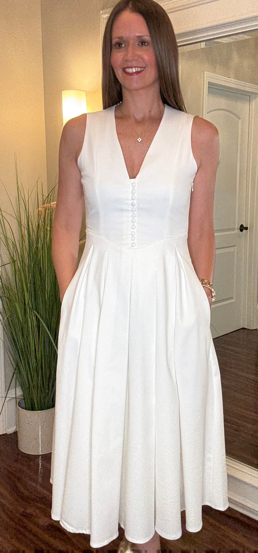 EVENUEL MIDI WHITE DRESS WITH BUTTON FRONT DETAIL 5.16