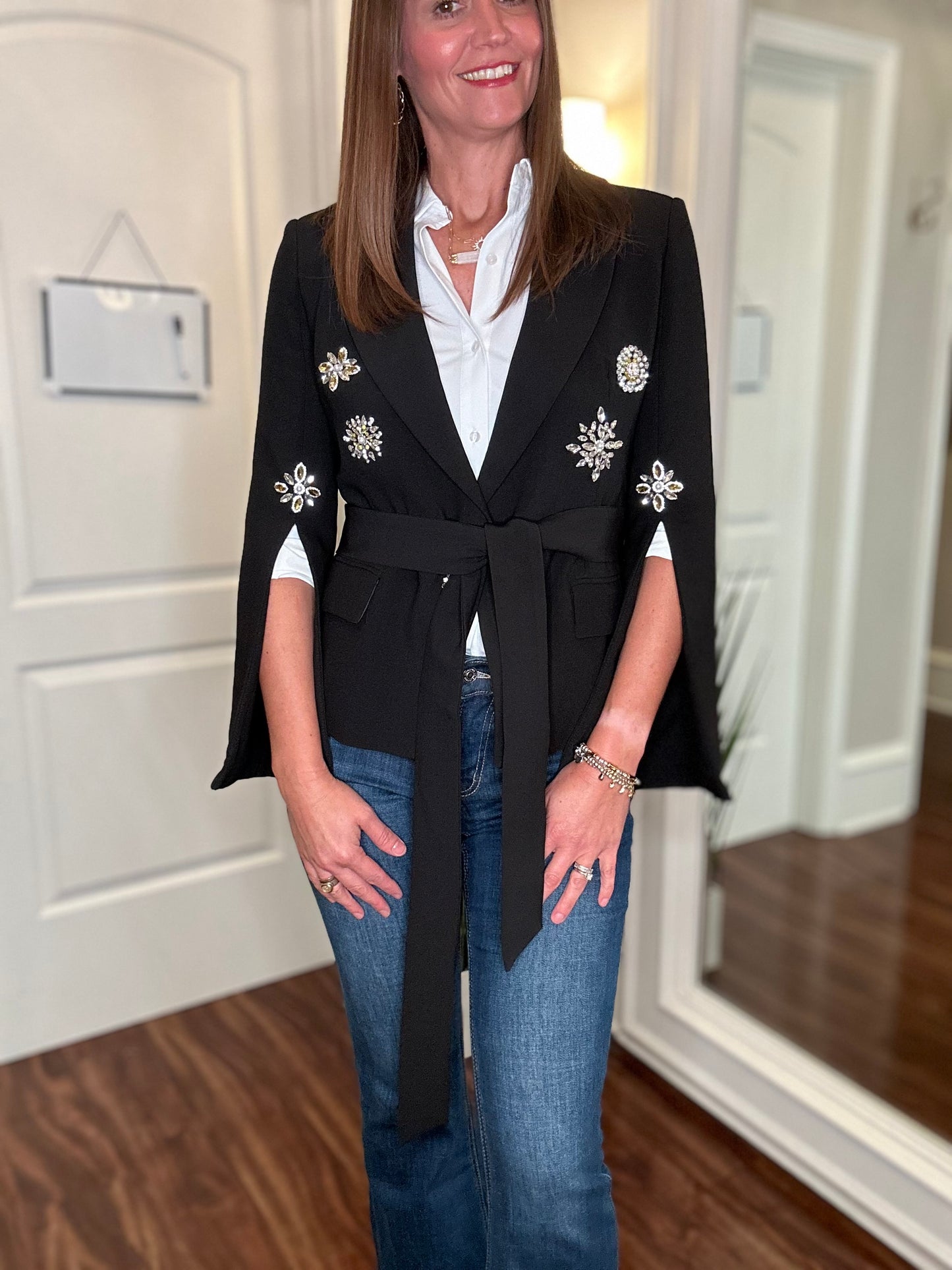 DIAMOND BELTED BLAZER WITH BEADED ELEGANCE FINAL SALE