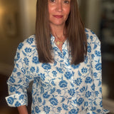 BLUE PORCELAIN FLORAL BUTTON DOWN 7.2