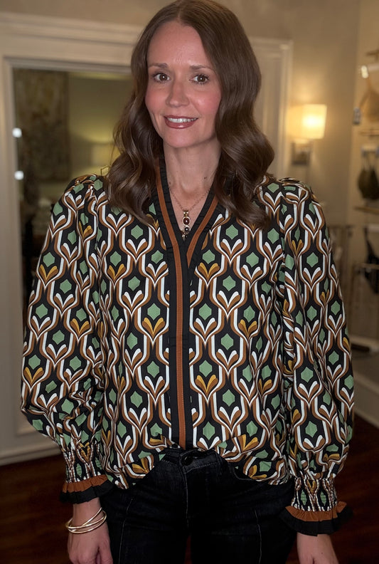 ENTRO GREEN PRINTED STAND COLLAR BLOUSE 10.16