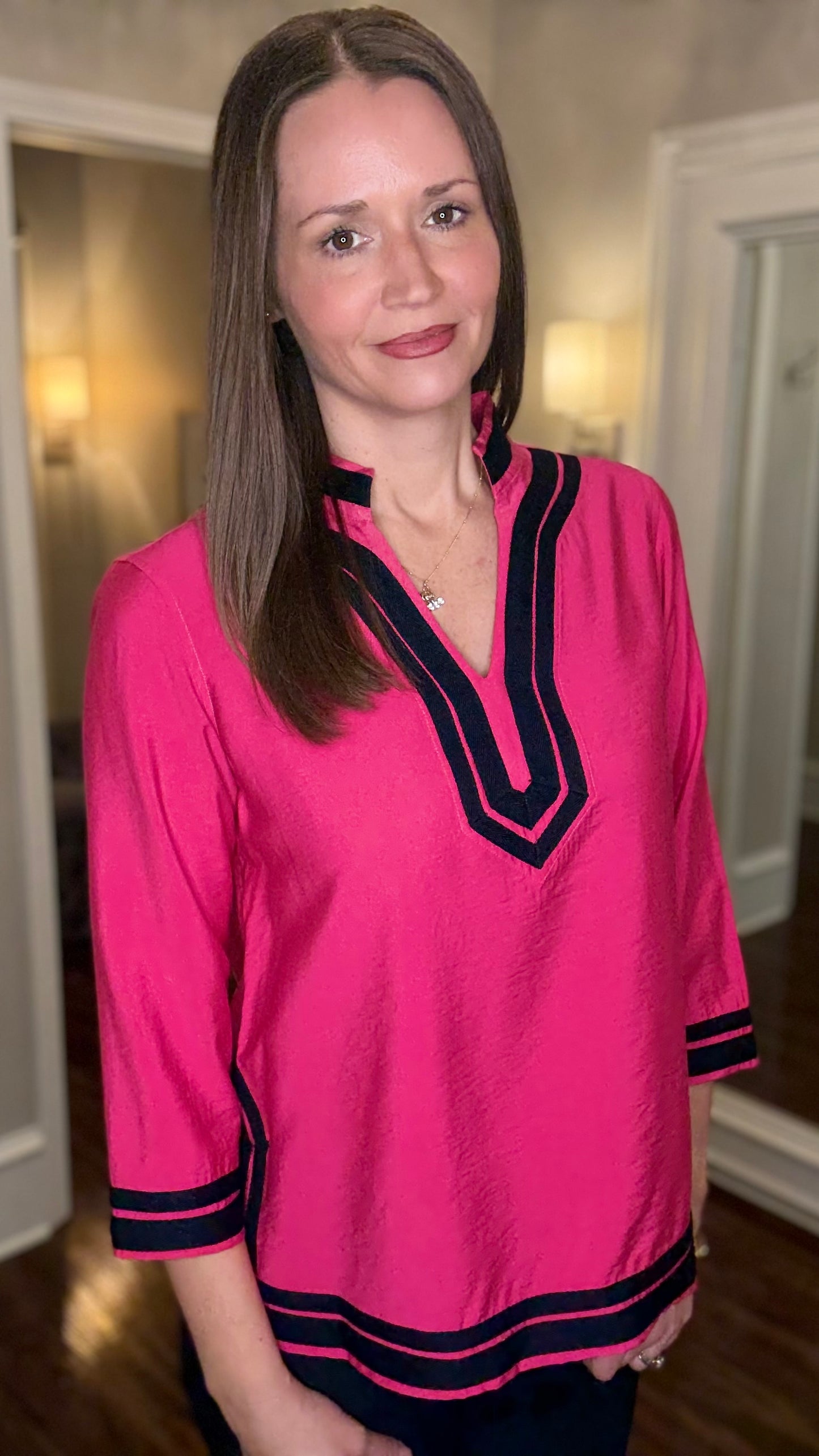 MULTIPLES 3/4 SLV NOTCH COLOR W/TRIM TOP (multiple colors) 1.15