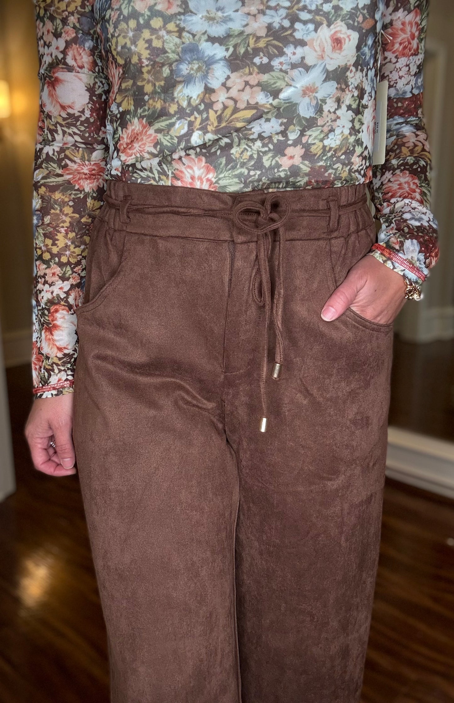 ENTRO BROWN WIDE LEG FAUX SUEDE PANTS 9.11