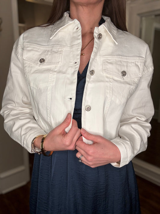 WHITE CROPPED STRETCH DENIM JACKET 3.5