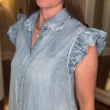 CHAMBRAY RUFFLE SLEEVE MINI DRESS 4.10