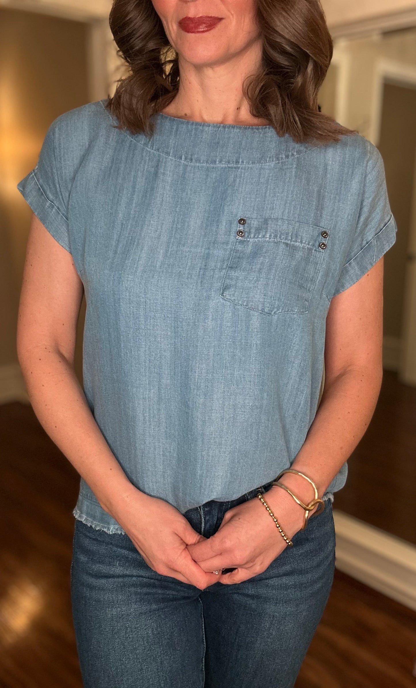 MULTIPLES DOLMAN SLEEVE CHAMBRAY TOP 1.15