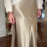 MOLLY BRACKEN SATIN W/LACE TRIM MIDI SKIRT 10.12