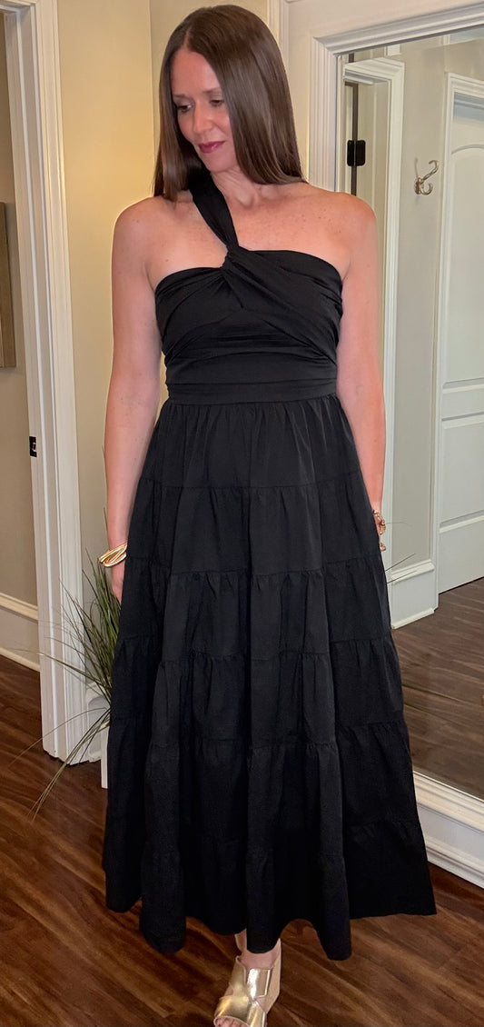 LUCY PARIS BLACK POPLIN ONE SHOULDER DRESS 6.19