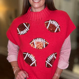 RED SEQUIN FOOTBALL PATCH SWEATER 7.27