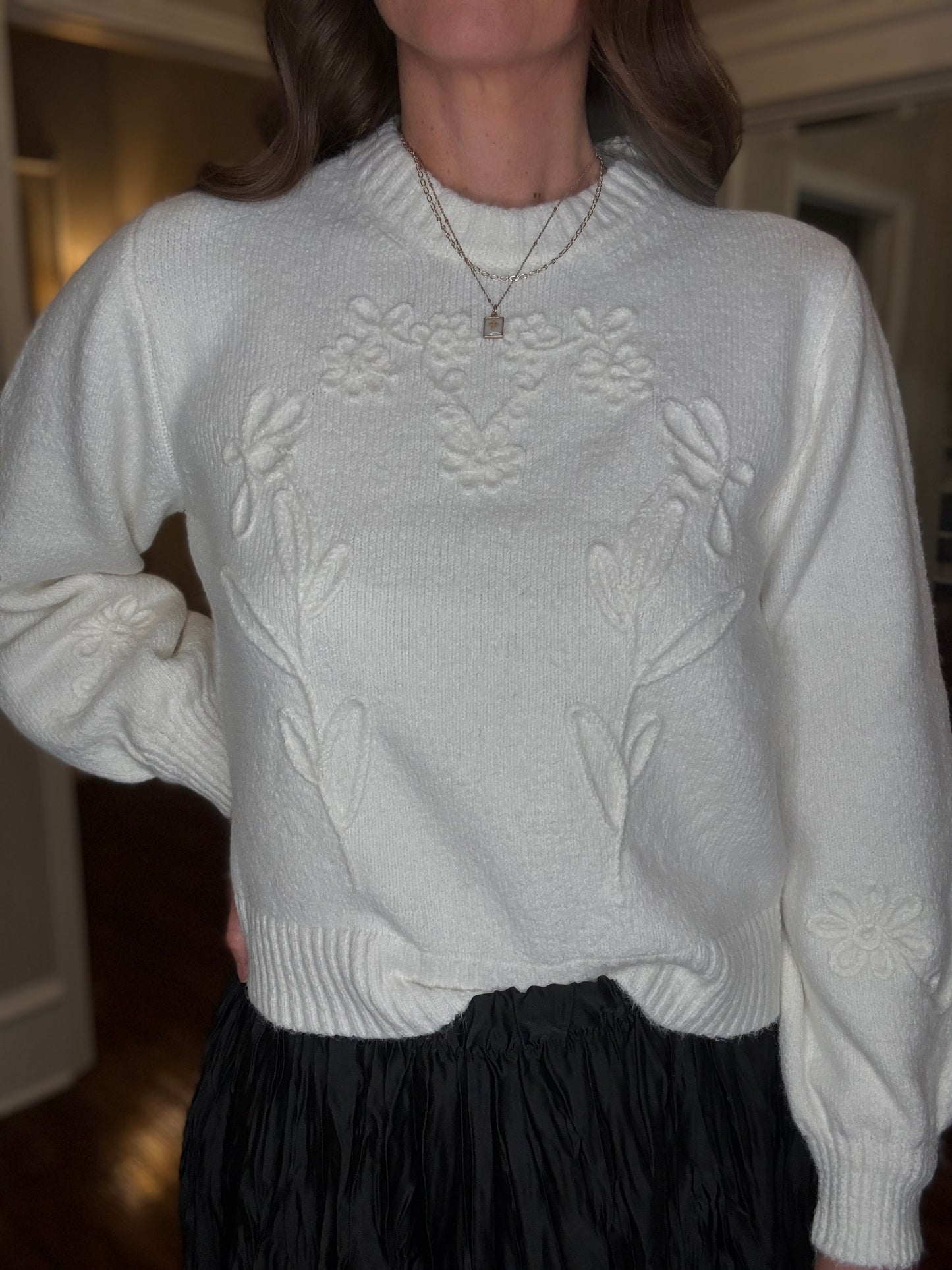 WINTER WHITE SWEATER WITH FLORAL STITCHING 9.10