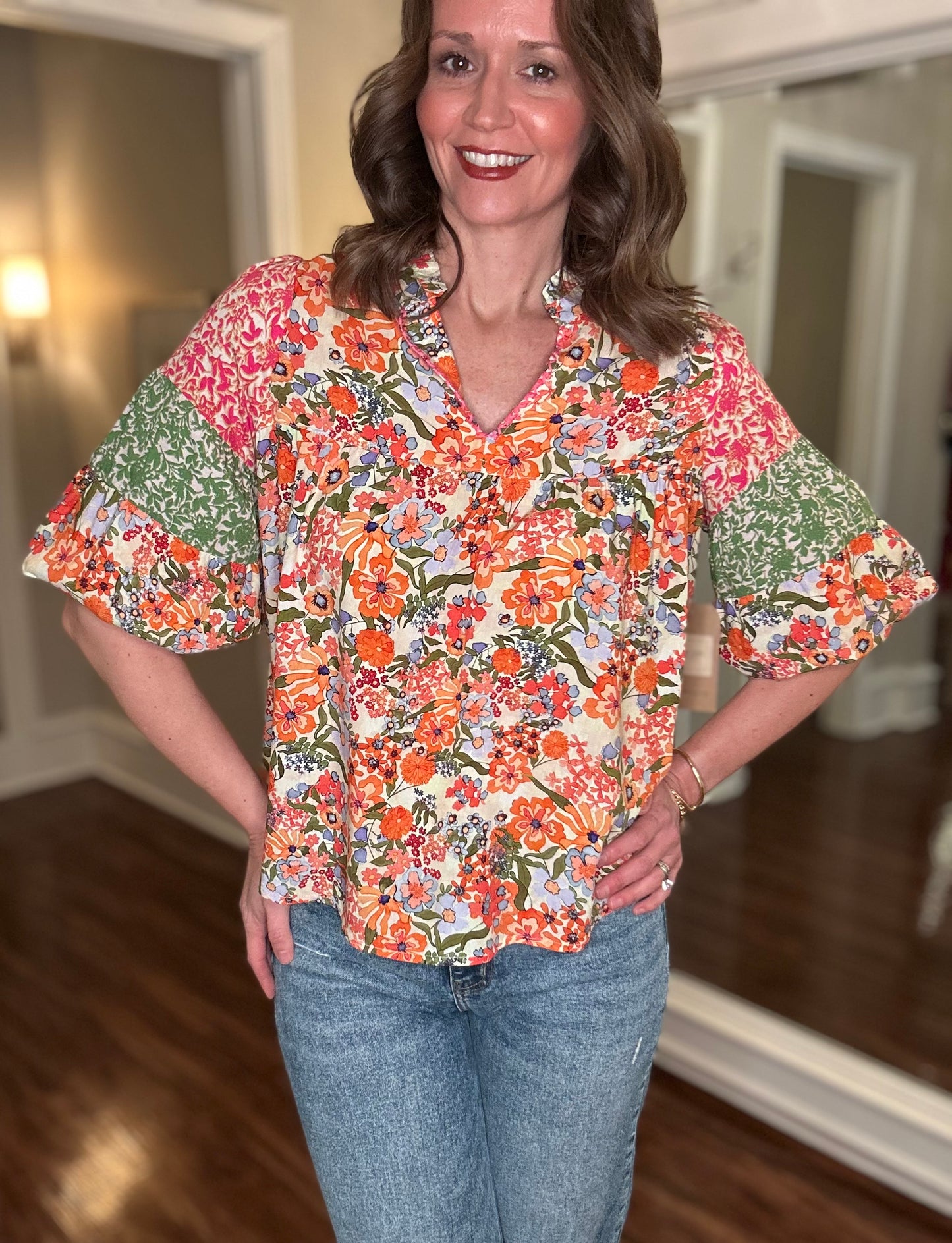 MULTIPLES MIXED PRINT TIERED SLEEVE TOP 1.15