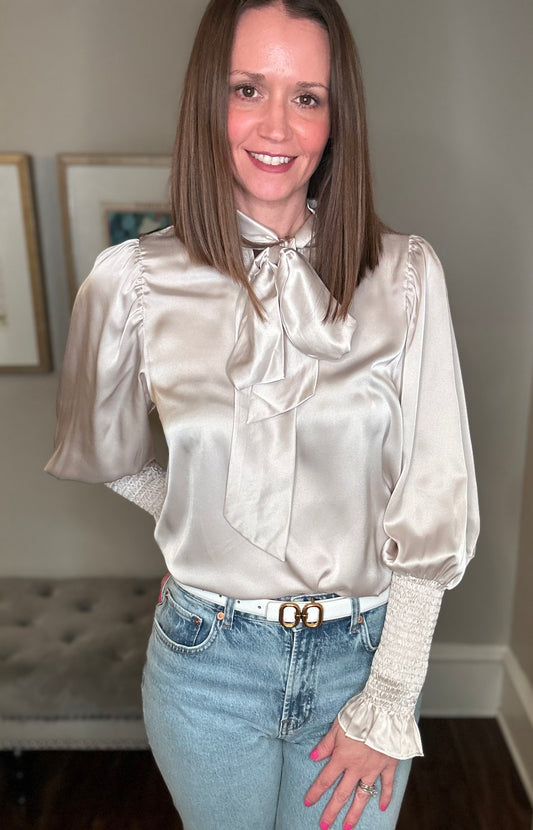 TAUPE SILK TIE  BLOUSE 1.27