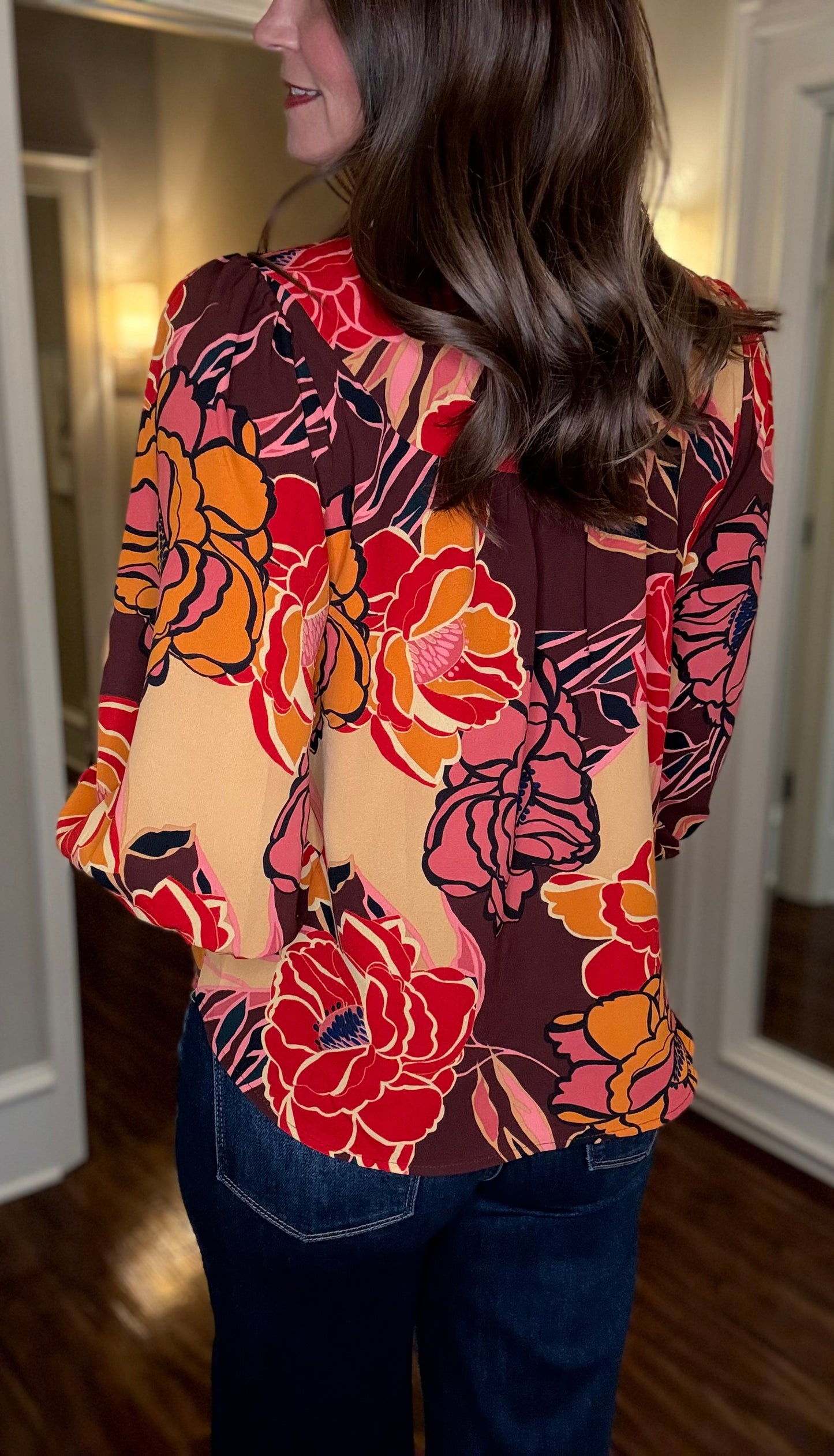 ODDI FLORAL PRINT RUFFLE NECK TOP 7.24