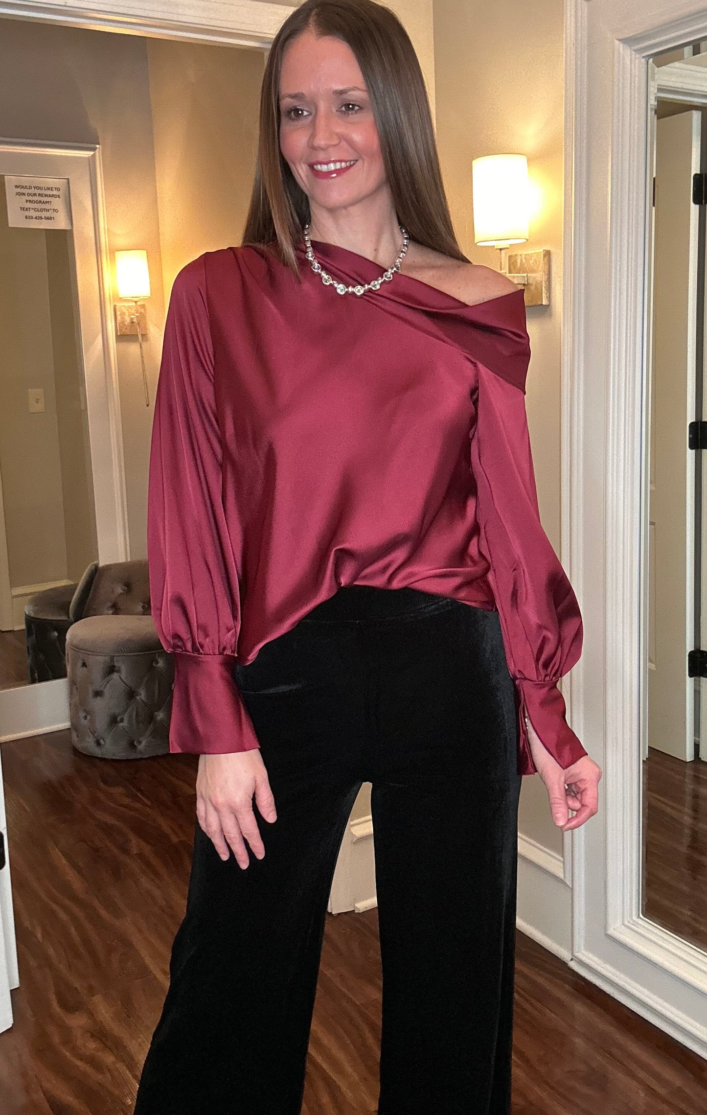 DROPPED SHOULDER LONG SLEEVE SATIN TOP 11.15