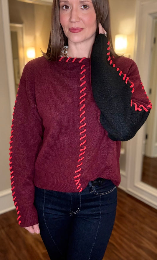 & MERCI WINE AND BLACK BLANKET STITCH SWEATER 12.9